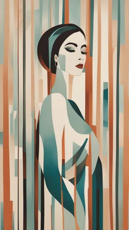 Esboço linear do corpo de uma mulher, with her arms cover her chest line fluid abstract, art style by Coco Vandi, retro minimal, trendy art, art style by Eckhart Tolle and Fabio Hurtado