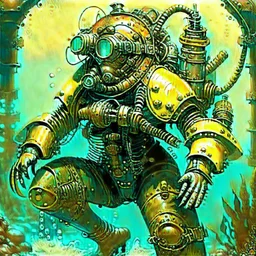 90's retro scifi art of a steampunk diver with big armor