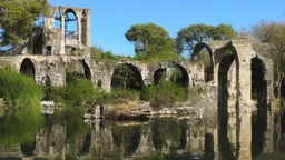 A ruined stone building partially submerged in a lake, balconies, verandas, arches, bridges, spires, stairs, trees, dense foliage, spanish moss, ivy, blue sky, white clouds