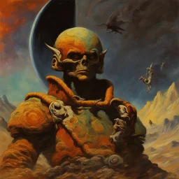 mugshot, Planet of the Vulcans, multicolored, large, floral designs, atmospheric, beautiful, oil painting by Frank Frazetta, 4k UHD, Photorealistic, professional quality