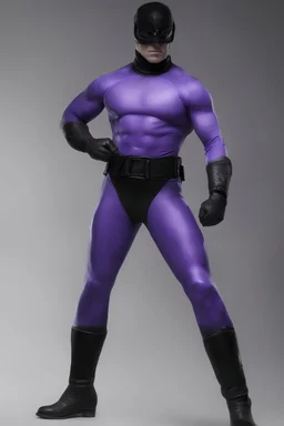 Kent Walker aka THE PHANTOM, Strong, athletic physique, Flexing poses, skin-tight, formfitting purple nylon and leather bodysuit, skin-tight, formfitting purple cowl, black eye disguise, black utility belt, double holstered pistol belt, black knee-high boots, glowing white eyes, battle scars, blood, ((foggy, cloudy background, multicolored lightning, flowing lava, Full Eclipse, aliens, explosions, bright, vibrant, extremely colorful, detailed, blood red skies))