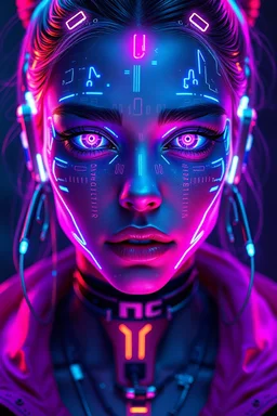 A stunning cyberpunk girl, neon-lit face with holographic circuits, futuristic glowing cybernetic implants, intricate biomechanical details, hyper-realistic skin with digital glitch effects, vibrant neon blue and purple lighting, cinematic portrait, 8K, Unreal Engine 5, art by Artgerm and Loish, cybernetic fashion, dark futuristic background.