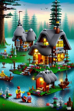 lego cottage in the forest with lake boy girl