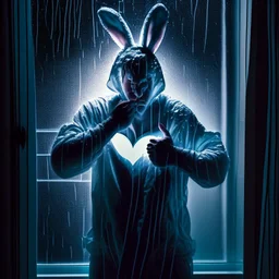 digital hyperreal rendering of a disheveled soaking wet man in ill-fitting wet floppy eared full easter bunny onesie costume looking in window at night making the heart hands gesture, Dramatic, heavy rain, complex contrast, dynamic composition, humorous and sinister