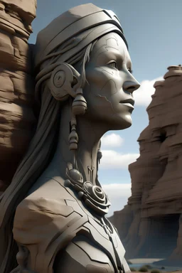 art statue in cliffs, in the style of realistic hyper-detailed portraits, cryengine, detailed facial features, ingrid baars, multi-panel compositions, guido van helten, concept art --ar 31:64 --stylize 750 --v 6