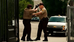 UPS delivery man at gate with angry man pointing gun at him