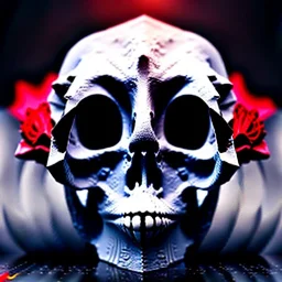 Crack Skull and red rose, marble texture, dark, shallow depth of field, macro lens, unreal engine 5, hyper detailed,8k,surrealism, HDR, hyperphotorealistic, bone, set in fire, trending by artstation