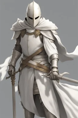Knight wearing white armor and white cape with white face mask, holding a greatsword