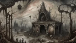 The Temple of Sorrowful Young — A dusky dream, replete with an overwhelming soundscape – a background murmur of ethereal music, buzzing insects, mumbling in forgotten languages, terrified whimpering, and the first cries of newborns. The landscape is sickly hot and stinks of ash, blood, and sweat. Visitors to this dream feel groggy and bloated, many soon begin bleeding from the eyes, mouth, and genitals. Everything seems to vibrate and tremble. Creatures initially appear two-dimensional and color