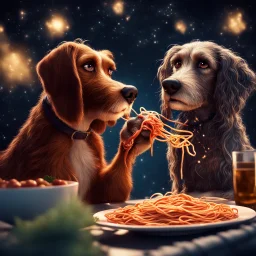 the lady and the tramp eating spaghetti, cinematic, epic glowing galaxy background, deep depth of field, 3D, constellation map, 16k resolution photorealistic, bokeh, a masterpiece by Alberto Seveso, breathtaking intricate details, realistic and lifelike cgi diorama, dramatic natural lighting, reflective catchlights, high quality CGI VFX fine art