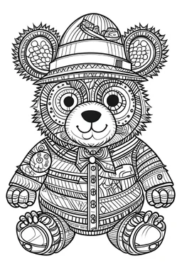 Outline art for coloring page, BEATNIK HAPPY TEDDY BEAR, coloring page, white background, Sketch style, only use outline, clean line art, white background, no shadows, no shading, no color, clear