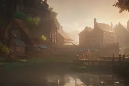 Wooden medieval fantasy docks in poor village, daytime, light shafts, adventurers, trees