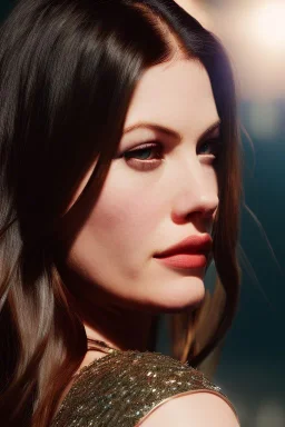 Liv Tyler has angel wings. She has beautiful eyes. Her hair flies in the air., closed eyes, rtx, reflection, 8k, glow, winning photography, caustics