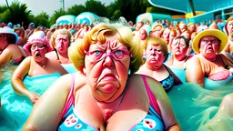 wide angle of mother pouting at a crowded water park