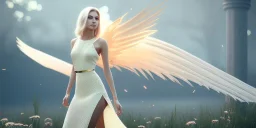 subtle queen, atmospheric, realistic, unreal engine, cinematic lighting, octane render, transparent long dress, blonde, full body, bright wings, smile, long hair