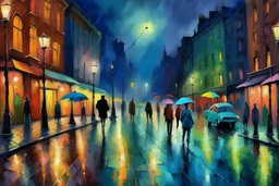 oil paint, people walking at night on a raining street, umbrellas, city night lights, colours, trees without leaves, moon behind clouds, extra ordinary details