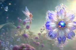 one big crystal subtle flower in a galactic ambiance, transparent petals, delicate colors, in the foreground, with a very little beautiful fairy, full of details, smooth, bright sunshine，soft light atmosphere, light effect，vaporwave colorful, concept art, smooth, extremely sharp detail, finely tuned detail, ultra high definition, 8 k, unreal engine 5, ultra sharp focus