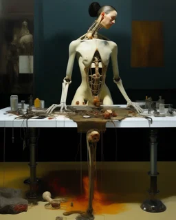 human body, universe-like table,complex surgical instruments mixed with human body-like musical instruments,minimalism,Painting By Adrian Ghenie, Rene Magritte, Lucian Freud