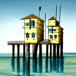 stone buildings on stilts upon a pier in the style of aldo rossi