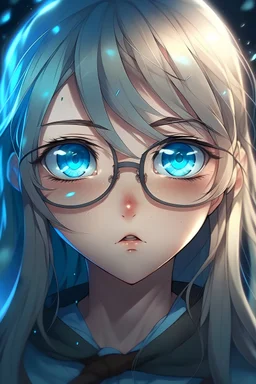 Anime Girl with glassy blue eyes and glasses with the world shattering around her as tears fall down her face and she is alone