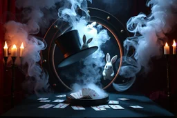 ai magic show presentation wow effect smoke bunnies awesome awesome magician with scary hat on portal awake within a dream inside a saw blade Alice in wonderland and cards