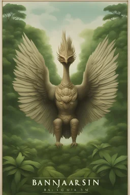 image of giant garuda bird, standing amidst a lush green landscape with the text letter “BANJARMASIN” written in bold white letters prominently displayed, 4k