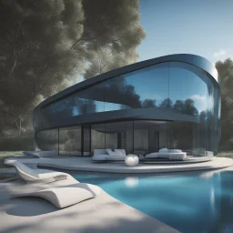 Casa campestre de cristal, estilo Zaha Hadid, ventanas de vidrio azul, Arte digital, calidad ultra, 8k, 3D, clima claro