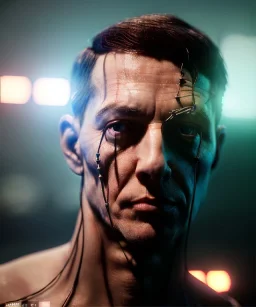 Ultra realistic photographic night portrait, cinematic, naked, young, all shaved, led lights <strong man> <hanging wires> many wires connected to the head <perfect pupil> <cyborg> <garage> <long shot view> <sci-fi futuristic> <thriller>, fog, soft color, highly detailed, unreal engine 5, ray tracing, RTX, lumen lighting, ultra detail, volumetric lighting, high definition.