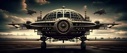 A demon station wagon millitary-jet , bilateral symmetry, matte mirrored glass, mechanical surrealism, retrofuturism, steampunk, in frame, wide angle, telephoto, 8k 3d, detroit fading in the distance, in flight, took off from i75, one subject