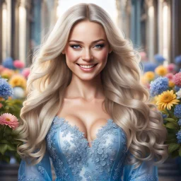 (best quality, 4k, 8k, highres, masterpiece:1.2), ultra-detailed, (realistic, photorealistic, photo-realistic:1.37),hyper realistic, full body gorgeous smiling 1woman,long hair,looking at viewer,realistic proportions,blue eyes,hair ornament,transparent dress,very long hair,flower,blonde hair,parted lips,necklace,white dress,blonde hair,lips,blurry background,freckles,realistic,head wreath, pink flower,realistic portrait, dreamy fantasy landscape countryside,great pespective,crystal castle behind