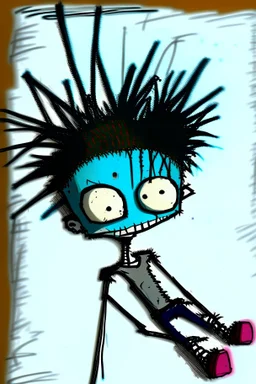 2d drawing of a stickman, cool with punk hair, x eyes like in hangman, laying flat on stomach,3d realistic in colour