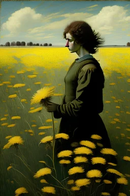 Renaissance-style ancient painting of a lonely person in a field full of dandelions on a sunny day