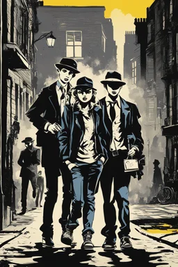 Design a detective book cover for teenagers. A teenage girl in the centre, one boy on her left, and one on her right are on the town street. Black cat. Banksy style, pop art style, mysterious atmosphere