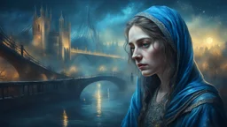 Old canvas, Portrait of a Medieval beautiful sad woman 25 years old, fantasy, night, fog, blue, city, bridge, water, sparkles, fine drawing, bright colors, high resolution, 3D, clear lines, photorealism,