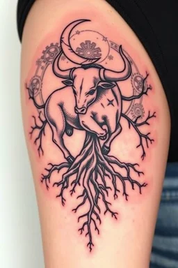 Design feminine tattoo: The centerpiece of the tattoo is a bull in a graceful, powerful pose, representing Taurus. From the bull's hooves, deep roots twist into the ground, sprawling outwards. The roots look as though they're entangled with the earth itself, symbolizing Taurus' deep connection to the planet. as a backdrop, include elements of gears A crescent moon or starry sky above the bull