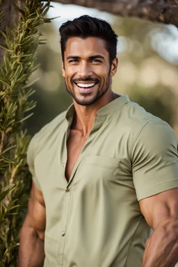 Portrait of an Olive skinned muscular very handsome male with dark hair and a goatee beard, smiling