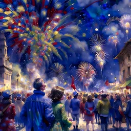 [watercolor | illustration] new year celebration, (colorful:1.2), people, night, (fireworks:1.2), intricate details, by greg rutkowski, trending on artstation
