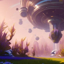 Spaceship landed on futuristic planet, sunny day. clear blue sky, cascade, flowers. Elegant. Extremely detailed. Award winning photography. Fantasy. 8k. Cinematic lighting. Photorealistic. Dynamic lighting. Imperial colors. Crisp quality. Unreal Engine. Colourful cinematic postprocessing. Pixar. VRay.