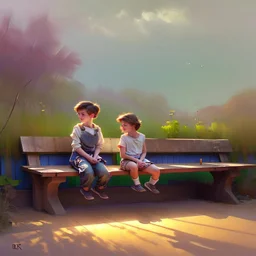 a couple of kids sitting on top of a wooden bench, beautiful painting of friends, boy and girl, by Igor Kieryluk, kerem beyit, by László Balogh, pino daeni and dan mumford, by Krzysztof Boguszewski, amazing artwork, beautiful artwork, adorable digital painting