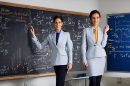 A pretty brown-haired, light-skinned woman in an elegant blue suit stands in a classroom in front of a blackboard with various charts and diagrams, in the sunlight