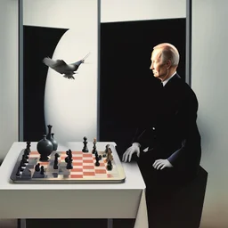 Putin, President Xi Of China And Joe Biden Play Chess With A Pigeon,Ufo And Atomic Bomb Mushroom Cloud,Complex Surgical Instruments Intermixed With A Newborn Boy,Minimalism,Painting By Adrian Ghenie,Rene Magritte,Pablo Picasso,Michelangelo,Salvador Dali,Lucian Freud