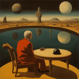 person alone in planet,cover art, surrealist painting called 'today I am thinking about time by dali and picasso and magritte and Breughel