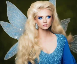 portrait of a beautiful blond woman fairy with long hair blue eyes and sparkling dress with diamonds