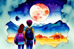 illustration concept art water color style for teenagers in other planet watching the moon and mountains having adventure two teenagers are walking mystery weird cretures mushrooms journey