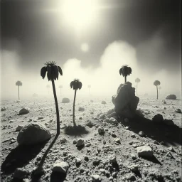 A striking quality Agfa photograph captures a wasteland with creepy odd flowers, details of the dust very accentuated, glossy organic mass, adorned with minerals and rocks. Bathed in intense light, eerie, Yves Tanguy style, black sun, fog