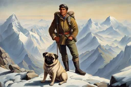 A perfect man and his pug standing on the top of Mount Everest painted by Poul Anker Bech.