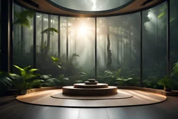 meditation rood podium , meditation minimalistic corner. design wood, View from large bay windows throughout from the large bay windows extends through the jungle forest. night landscape.