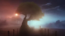 walking straight ahead over a wooden bridge, holding the angel of death with your right hand, entering the fog at the end of the road that leads to the afterlife, and a beautiful sunset and galaxy's behind the fog, realistic