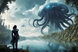 A woman with dark hair, in an android suit, looking out over a lake, in an alien forest, with tall cloud trees, flying Portuguese men of war with octopus tentacles