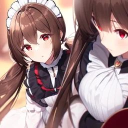 Clear focus, High resolution, Rough line, cute, anime style, red eyes, sparkling eyes, brown hair, red eyes, wearing a maid outfit, long twin tails, long bangs,choppy long bangs, extreme close up